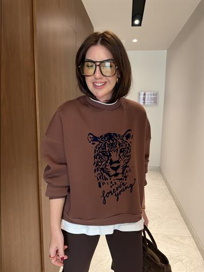 T-shirt Detaylı , Leopar Desenli , Acı Kahve Sweatshirt