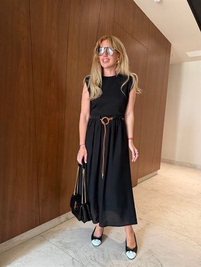 Orijinal Model , Vatkalı & Deri Kemerli , Siyah Mix Elbise
