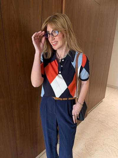 Lacivert & Oranj Baklava Desenli , Polo Yaka Merserize