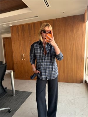 Orijinal Model, Lacivert Ekoseli, Taş Detaylı Premium Gömlek & Pantalon Takım