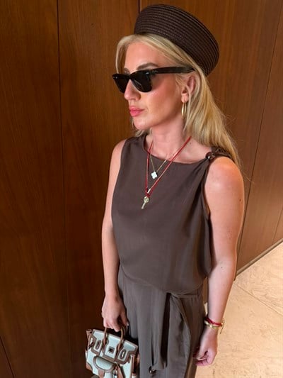 Orijinal Model , Omzu Boncuk Detaylı Bluz & Pantolon , Acıkahve Tencel Takım