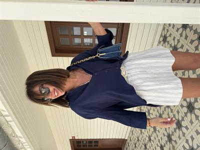 Deri Kemerli , İçi Şortlu , Lacivert Çizgili Etek