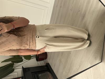 Arka Beli Lastikli , Camel Çizgili , Keten Dokulu , Bej Pantolon