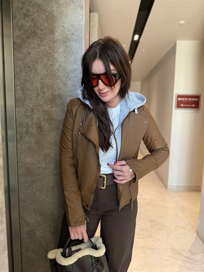 Çıkabilir Kapişonlu , Taba Deri Ceket