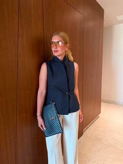 Orijinal Model , Düğme Detaylı , Lacivert Keten Yelek