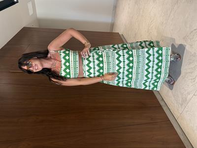 Yeşil Geometrik Desenli , Crop & Etek Takım