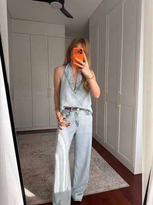Orijinal Model , V Yaka , Premium , Buz Mavisi Tencel Jean Takım