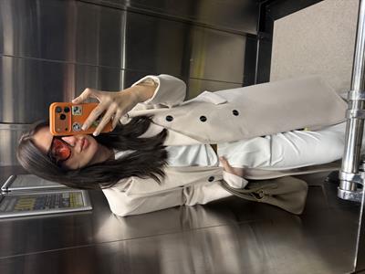 Ekru & Beyaz Balık Sırtı , Uzun Kaşe Kaban