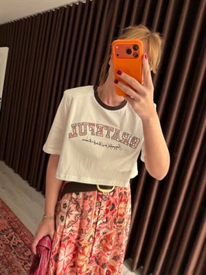 Vatkalı , Ekru , Crop T-shirt