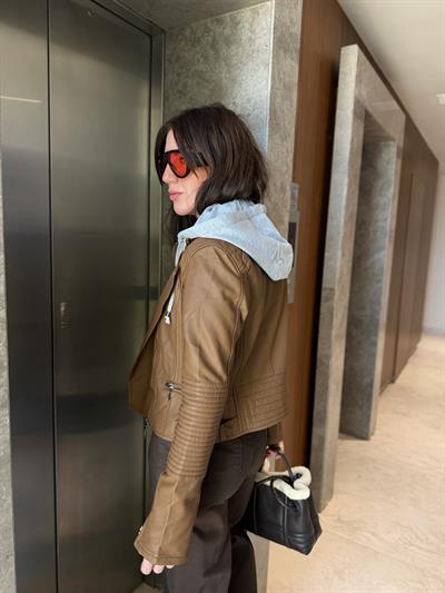 Çıkabilir Kapişonlu , Taba Deri Ceket