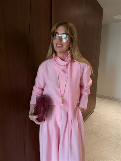 Pembe , Orijinal Model Fular Yakalı Gömlek & Pantalon Premium Tencel Takım