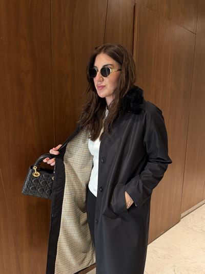 Çıkarılabilir Kürk Yakalı , İçi Ekose Astarlı , Premium Siyah Trençkot