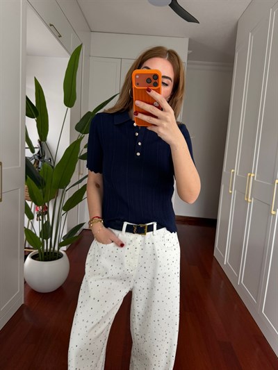 Polo Yaka , Gold Düğmeli , Lacivert , Saç Örgü Triko