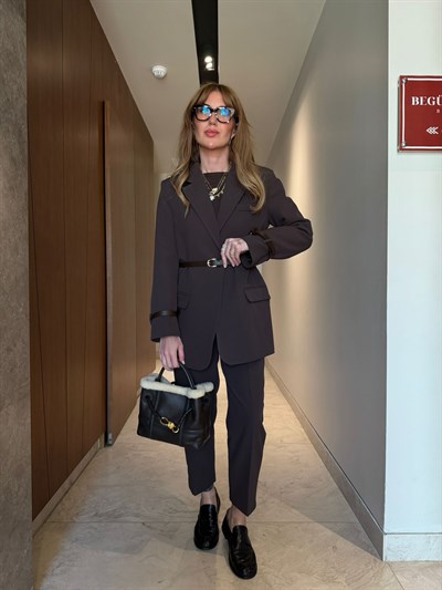 Orijinal Model , Premium , Acıkahve , Kemerli Blazer & Pantolon Takım