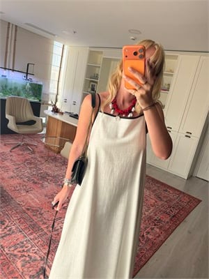 Orijinal Model Siyah Biyeli, Kuşaklı Beyaz Elbise
