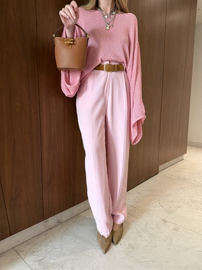 Orijinal Model , Süet Kemerli , Pembe , Tok Tencel Pantolon