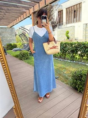 Premium , Beyaz Modal Bluz & Askılı Jean Elbise