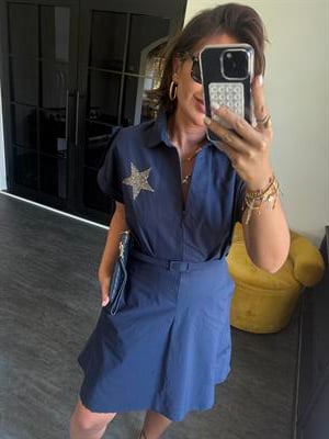 Orijinal Model, Kemerli Yıldız Detaylı Lacivert Gömlek Elbise