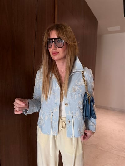 Nakışlı , Bebe Mavisi , Keten Bomber Ceket