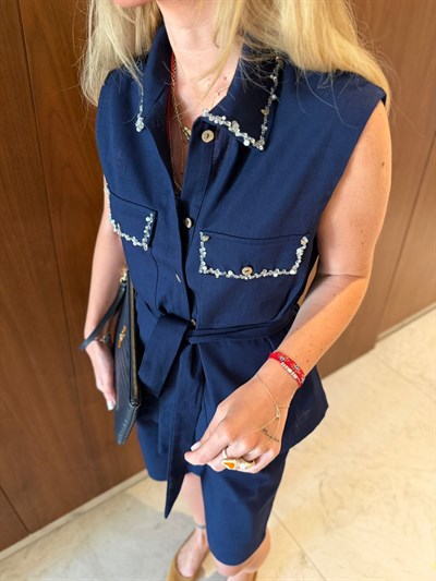 Orijinal Model , Taş İşlemeli , Yelek & Şehir Boy , Premium Lacivert Şort Takım