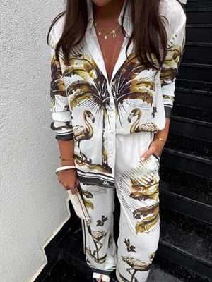 Haki Pastel Desenli , Premium , Gömlek & Pantolon Takım