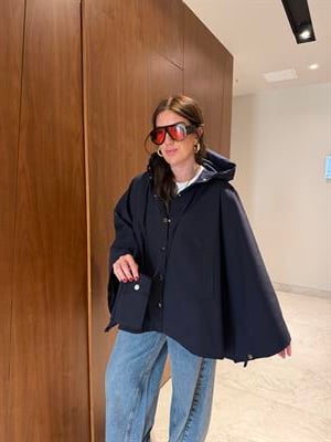 Çantalı , Premium , Lacivert Pelerin Trençkot 