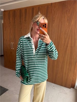 Polo Yaka Önden Düğmeli Yeşil Çizgili Tiril Bluz