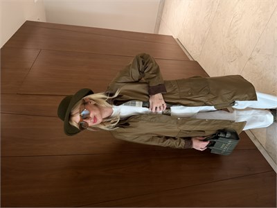 Uzun Orijinal Model Kadife Yaka Yağ Yeşili Yağlı Dokulu Mont