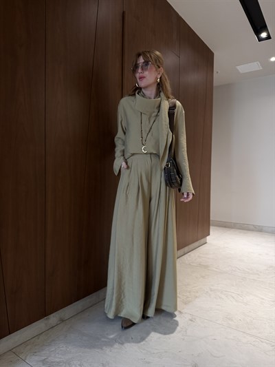 Yağ Yeşili Orijinal Model Fular Yakalı Gömlek & Pantalon Premium Tencel Takım