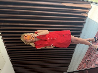 Orijinal Model , Asimetrik Kesim , Gold Düğmeli Kırmızı Gabardin Elbise