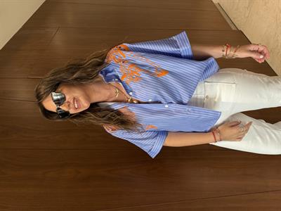Özel Üretim Orange Nakışlı, Çizgili Poplin Gömlek