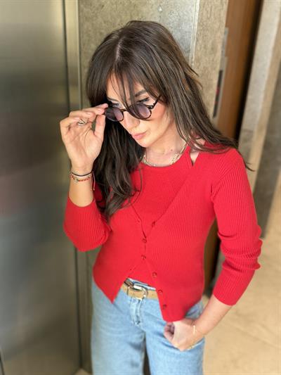 Halter Yakalı Atlet & Hırka , Kırmızı Triko Takım