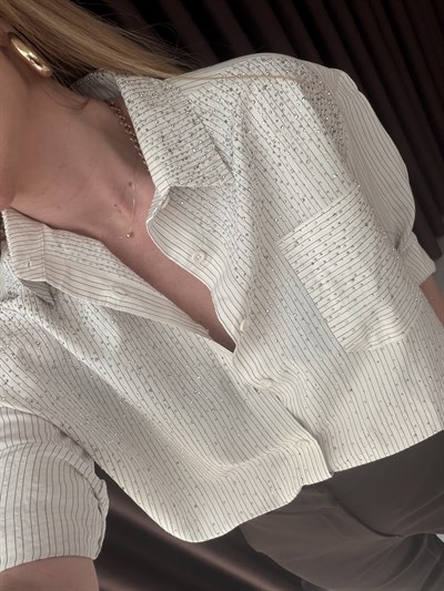 Çizgili Beyaz, Parıltılı Taşlı Tencel Gömlek