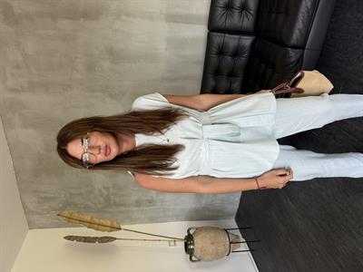 Omzu Burmalı , Su Yeşili , Keten , Bluz Takım