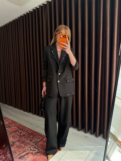 Taş İşlemeli , Siyah , Blazer Ceket & Pantolon Takım
