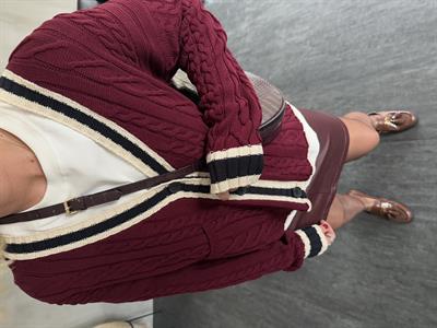 Premium Kalite , V Yaka , Bordo & Ekru , Triko Hırka