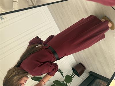 Premium Tok Tencel, Kemerli Bordo Gömlek Elbise