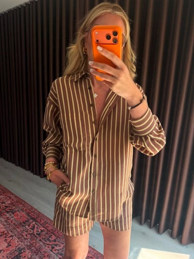 Kahverengi & Sarı Çizgili , Tencel Takım