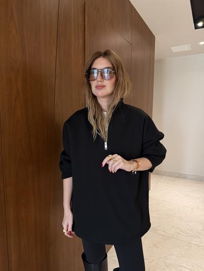Yarım Fermuarlı , Yumuşacık , Siyah Sweatshirt
