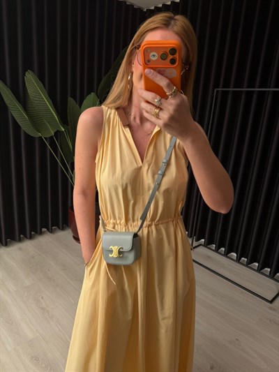 Orijinal Model , Deri Yaka Detaylı , Sarı Elbise
