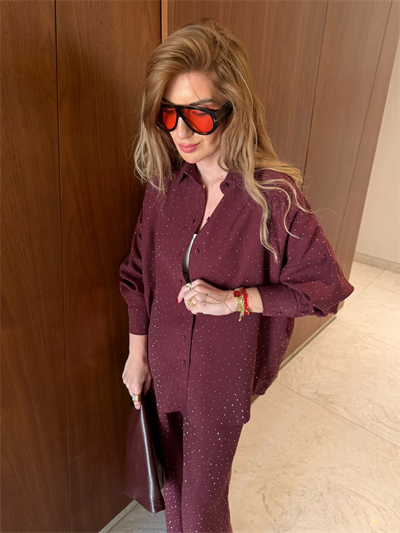 Bordo , Full Taşlı , Modal Tencel , Gömlek & Pantolon Takım