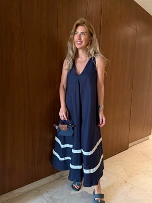 Etek Ucu Şeritli , Halter Yaka , Lacivert Keten Elbise