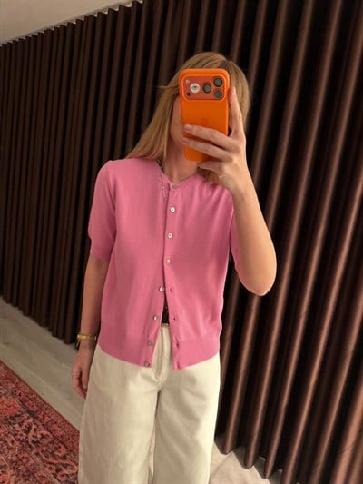 Sedef Düğmeli , Pembe , Kısa Kol Triko