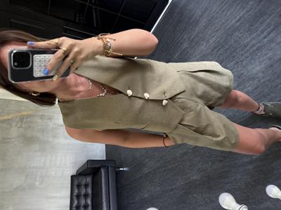 Gold Deniz Kabuğu Düğmeli, Kemerli Haki Premium Keten Takım