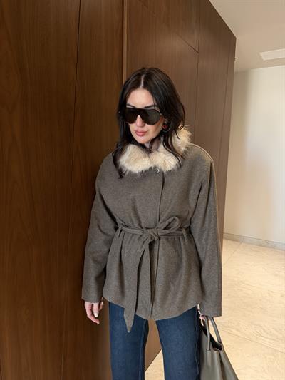 Peluş Yaka , Kahve , Kuşaklı Kaşe Kaban