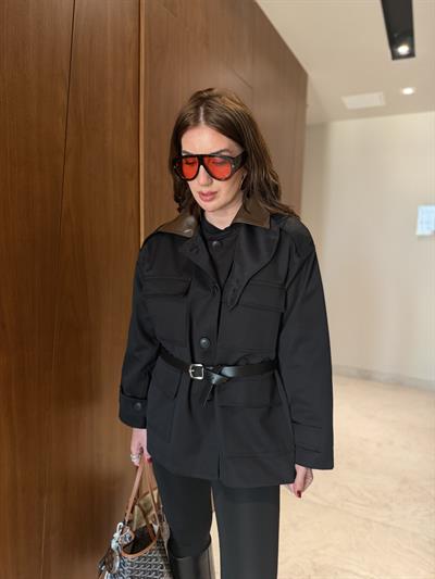 Orijinal Model , Deri Yakalı , Kemerli , Siyah Trençkot