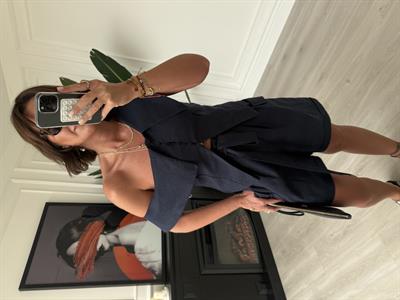 Omuz Dekolteli Lacivert Tasarım Keten Takım