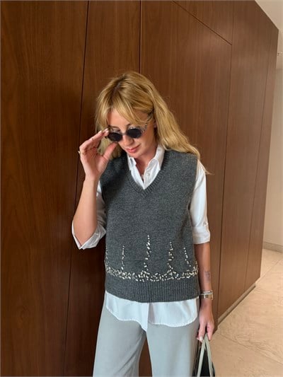 V Yaka , Taş İşlemeli , Antrasit Süveter