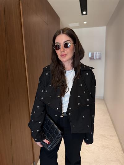 Kuş Gözü Detaylı , Siyah , Premium Süet Ceket