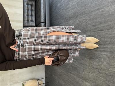 Çift Kemer Detaylı , Yırtmaçlı , Kahverengi Ekoseli Etek